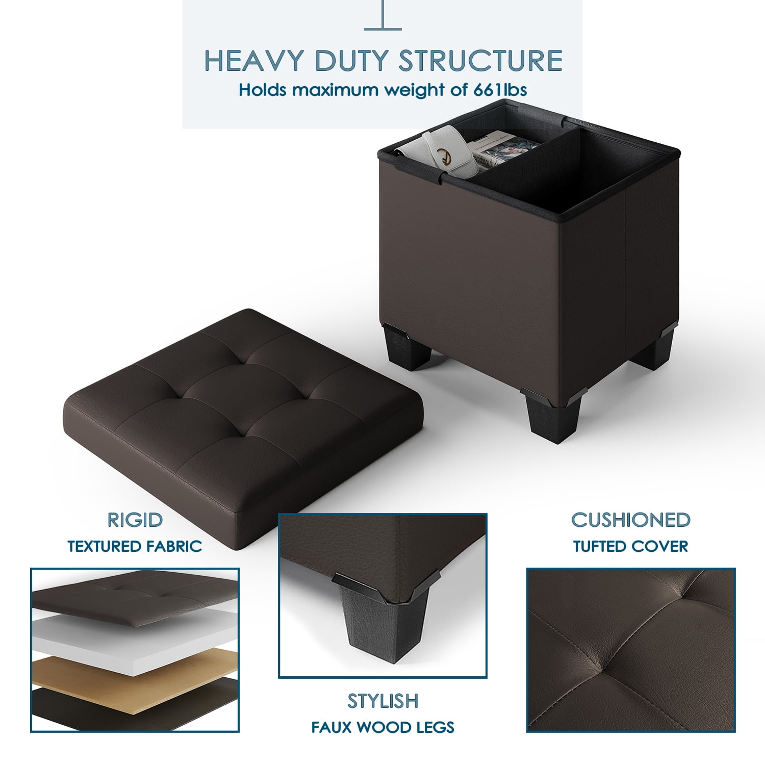 StorageBud Ottoman with Storage Bench, 15-inch Foot Stool Storage Ottoman, Leather, Brown