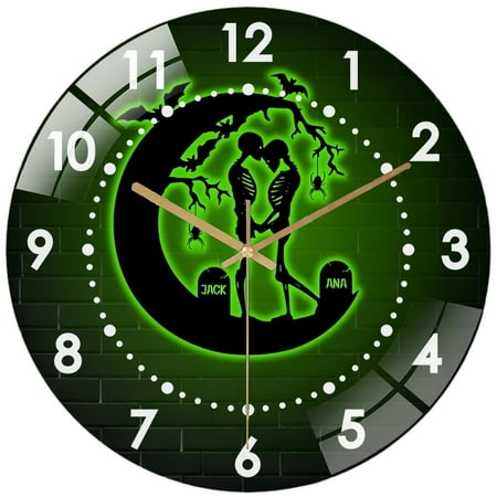 Decorative Clocks: Skeleton Couple Glass Wall Clock– Skeleton Wedding Skull Lovers Wall Clock for Home Decor Wedding Gift Decor. Man Cave Hanging Door Housewarming Hallo-ween Gift Style 12×12inch