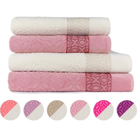 Adriana VIP Jacquard Woven Cotton Towel Set – Soft Washable Turkish Bath Towels For Hands  Face And Hair – Set Of 4 In Gift Box - Cream/Deseret Rose