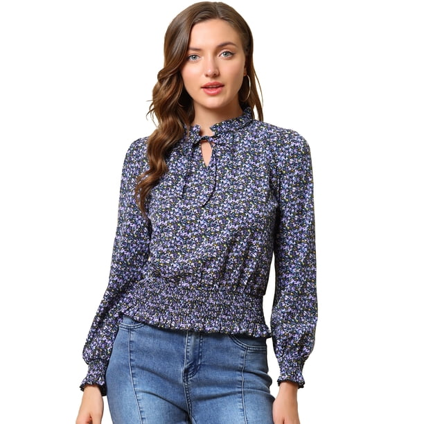 Blusa De Mujer Con Volantes Y Peplum Con Cuello Alto Y Manga Abullonada Púrpura L