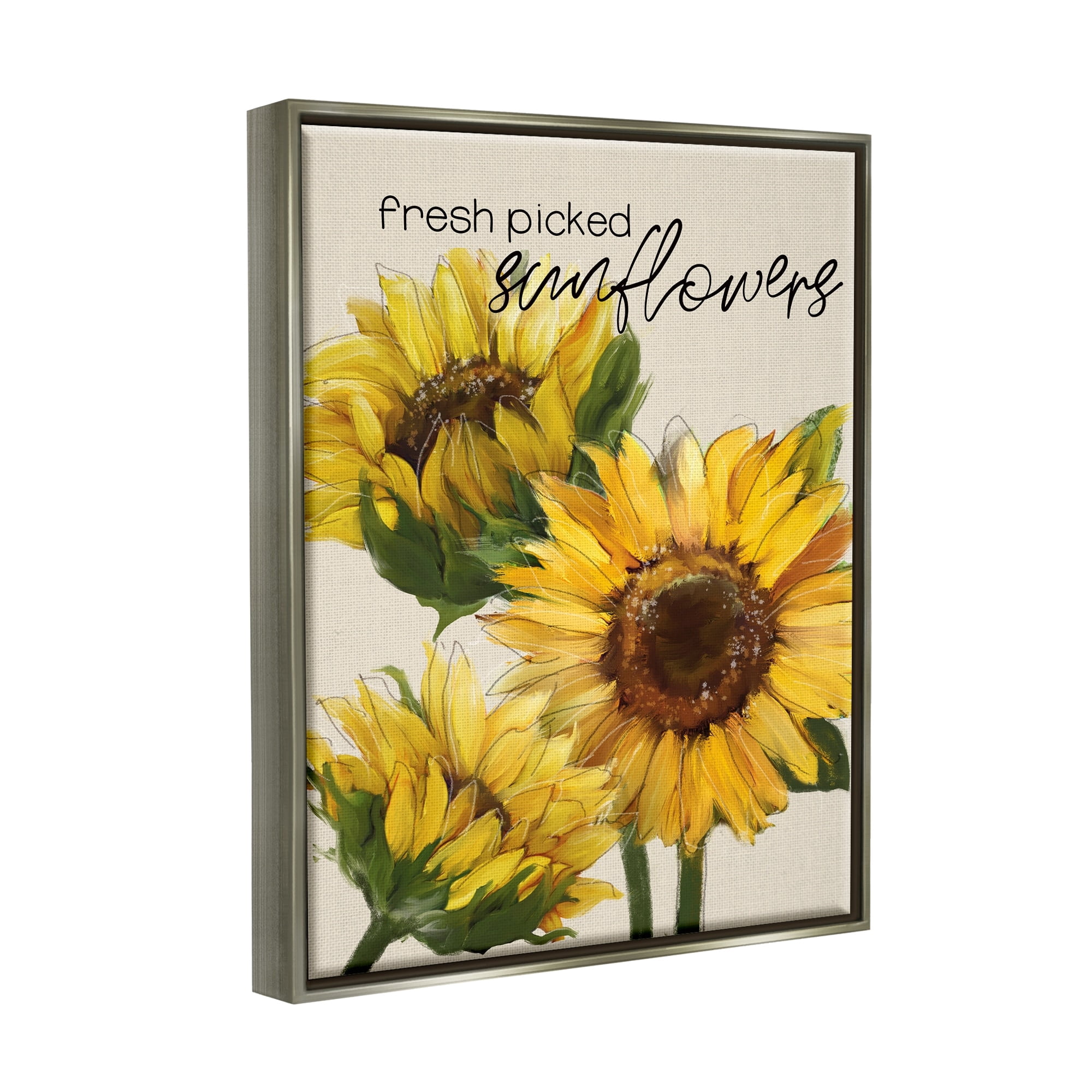Stupell Industries Fresh Picked Sunflowers Calligraphy Vivid Yellow Blossoms Graphic Art Luster Gray Floating Framed Canvas Print Wall Art, Design by Conrad Knutsen
