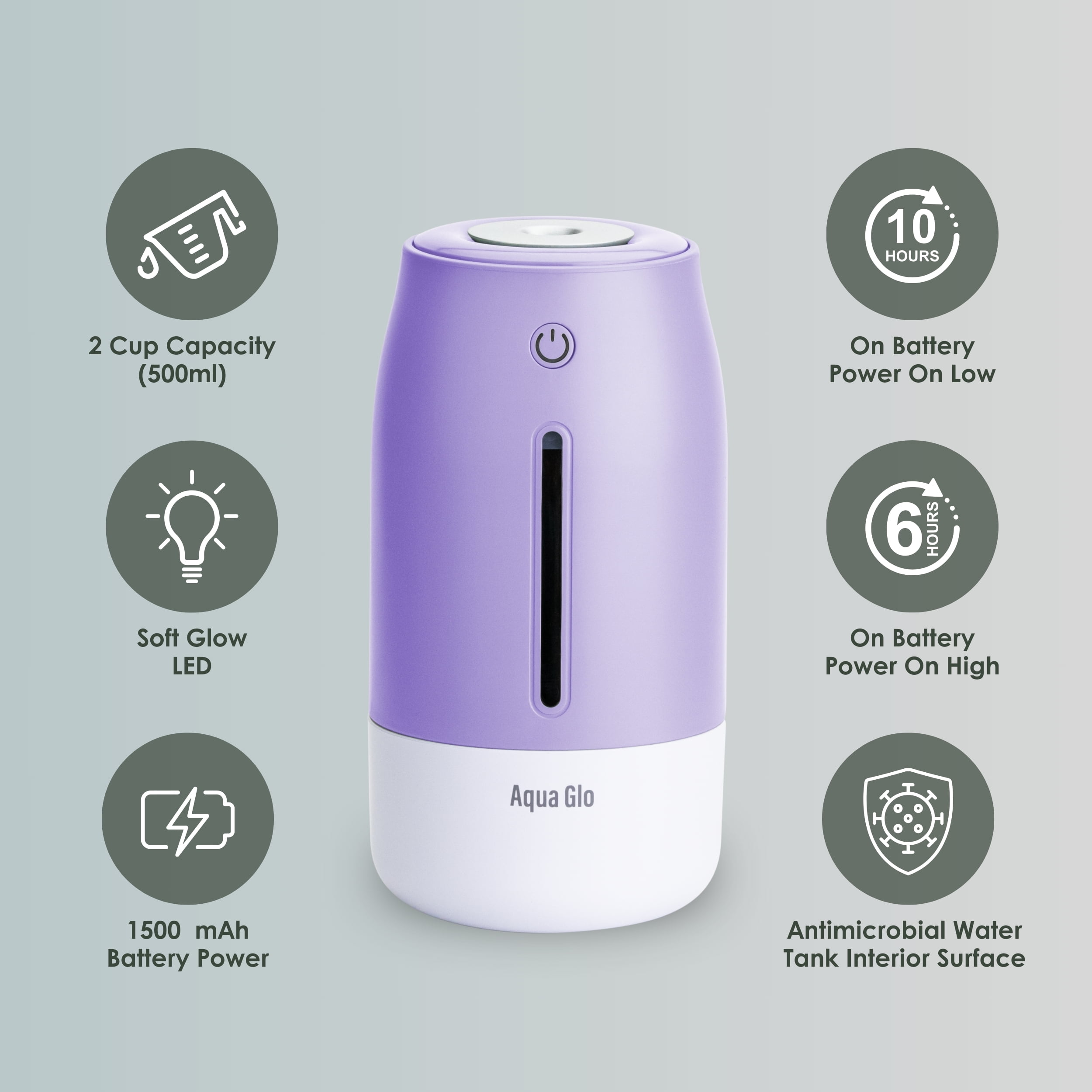 Airvana Aqua Glo Personal, Portable Humidifiers for Bedroom – Ultrasonic Cool Mist Humidifier with Built In Rechargeable Battery. Air Humidifier for Baby, Plants, Home, Office, Travel. Lavender