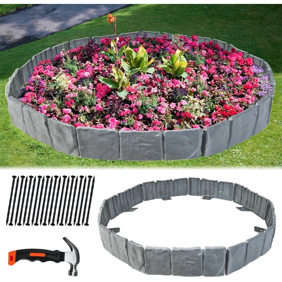 DSTESS Garden Edging Border, 16ft Long Plastic Landscape Edging No Dig for Flower Beds, Garden Edging Imitation Stone Border, Garden Borders and Edging for Landscaping, Gray,20Pcs