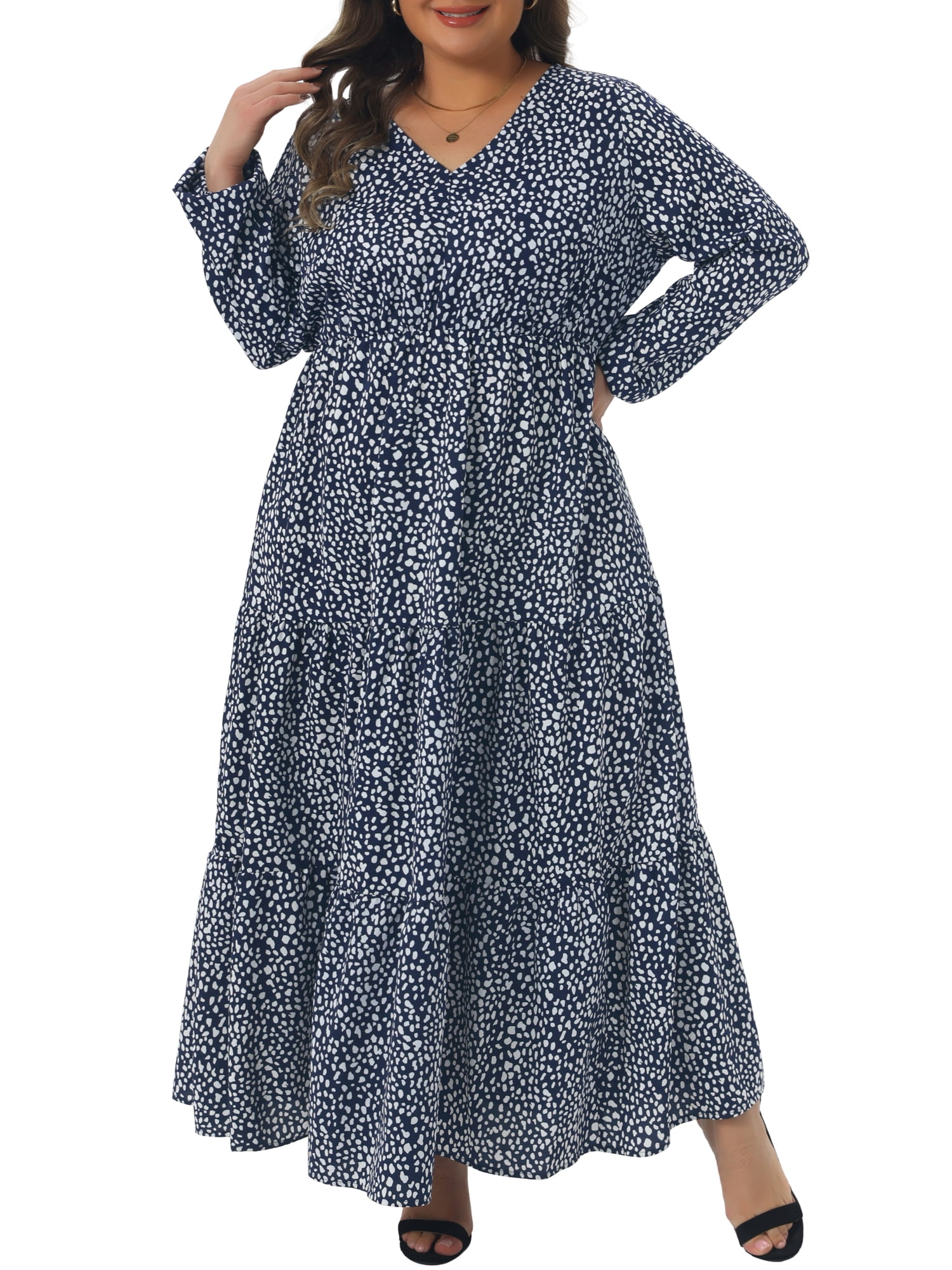 DARING DIVA Women's Plus Size Polka Dots Long Maxi Lantern Sleeve Dress 4X Navy Blue