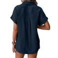 thumbnail image 5 of vigerkar Casual V Neck Button Down Shirts for Women Solid Short Sleeve Blouse Tops Summer Outfits Dark Blue, XXL, 5 of 9