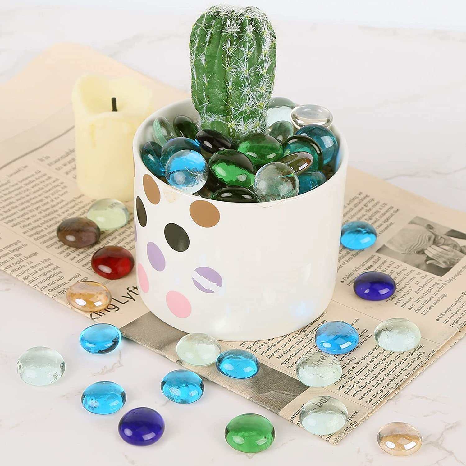 100PCS Fill 0.3L Vol FUTUREPLUSX Flat Glass Marbles 1Lb Premium Corlorful Mixed Color Flat Gems Aquarium Pebbles Vase Filler Beads Table Scatter Decor 