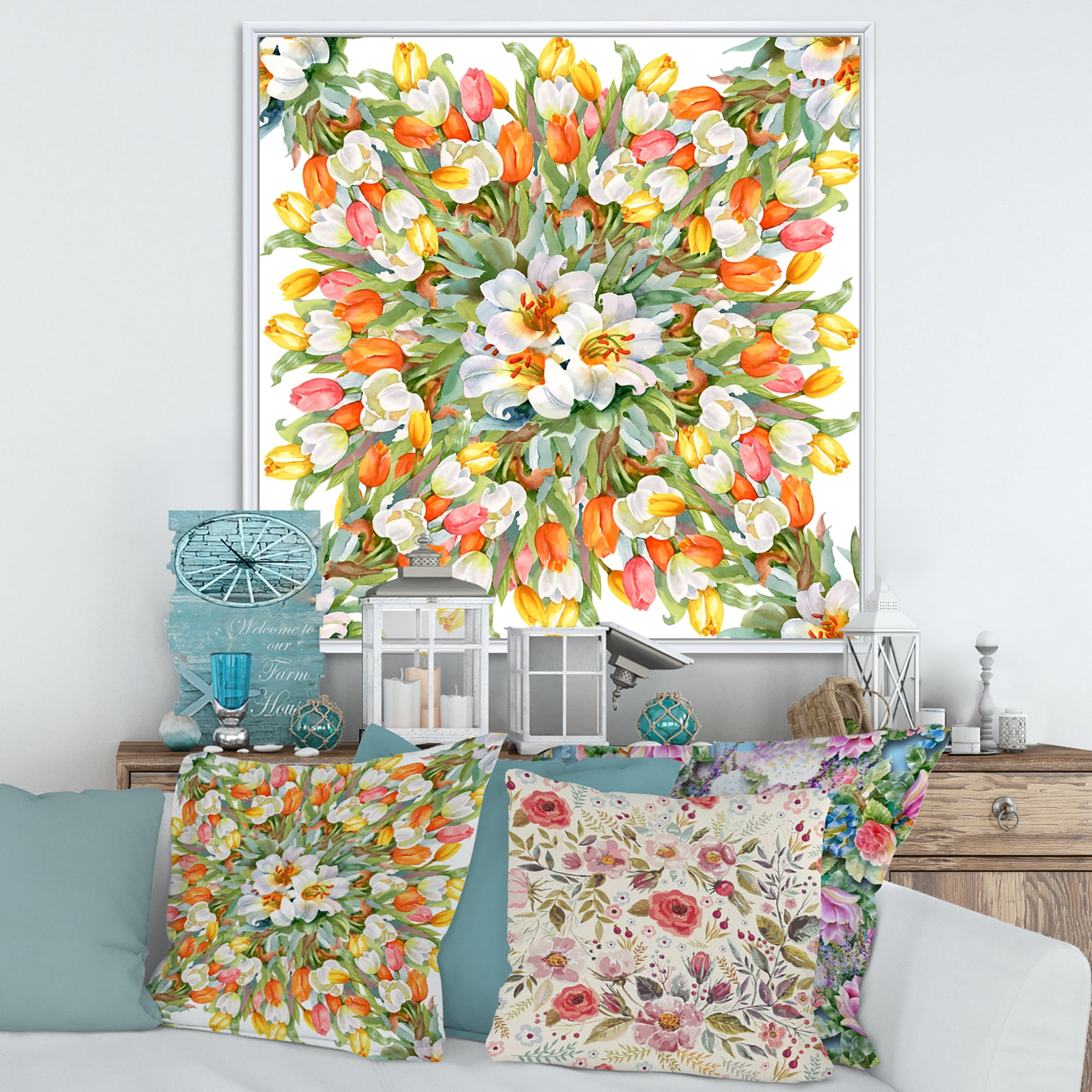 Designart 'Blooming Orange and White Tulips I' Traditional Framed Canvas Wall Art Print