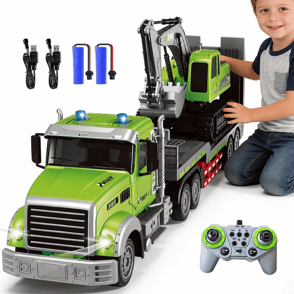 RC Semi Trailer Truck with Excavator Toy Set, 1:12 Scale, 11-Channel 2.4GHz Remote Control Flatbed Truck with Sound & Lights, Construction Vehicle Toy for Kids Boys, Birthday Gift