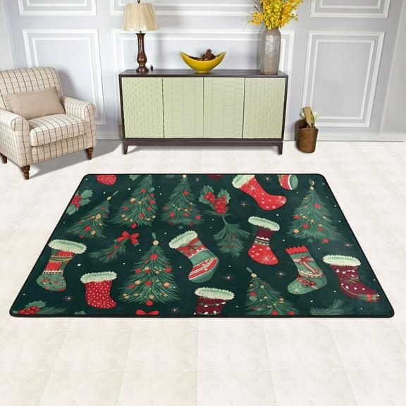 Area Floor Mats Christmas Green Socks Trees Large Nursery Rugs Non-Slip Living Room Carpets Bedroom Doormat for Dinning Decor 36" x 24"