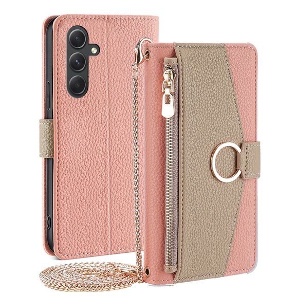 ELEHOLD for Samsung Galaxy A35 Flip Phone Case Cover with Crossbody Strap Luxury PU Leather Magnetic Zipper Pocket Heart Makeup Mirror Kickstand Shockproof Case for Samsung Galaxy A35,Pink