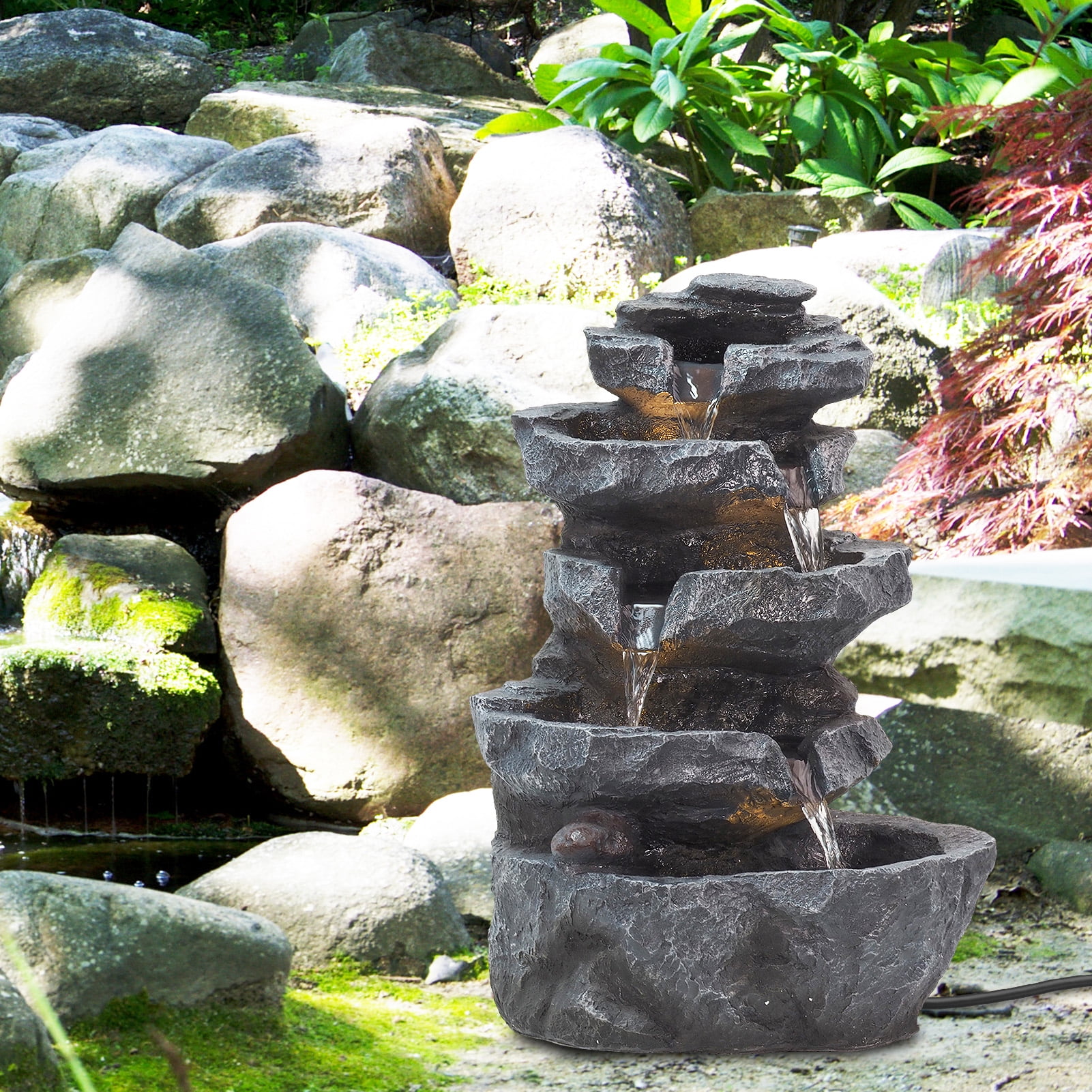 5-Tiered Cascading Rock, 22" High Outdoor Garden Waterfall with LED Lights And Pump, Resin Water Fountain for Garden, Patio, Yard, Deck Decor