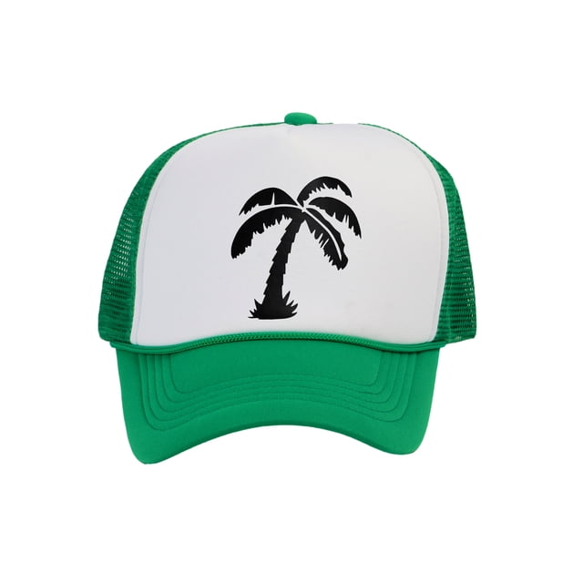 Men's Palm Tree Cap Snapback Trucker Hat, White/Kelly Green