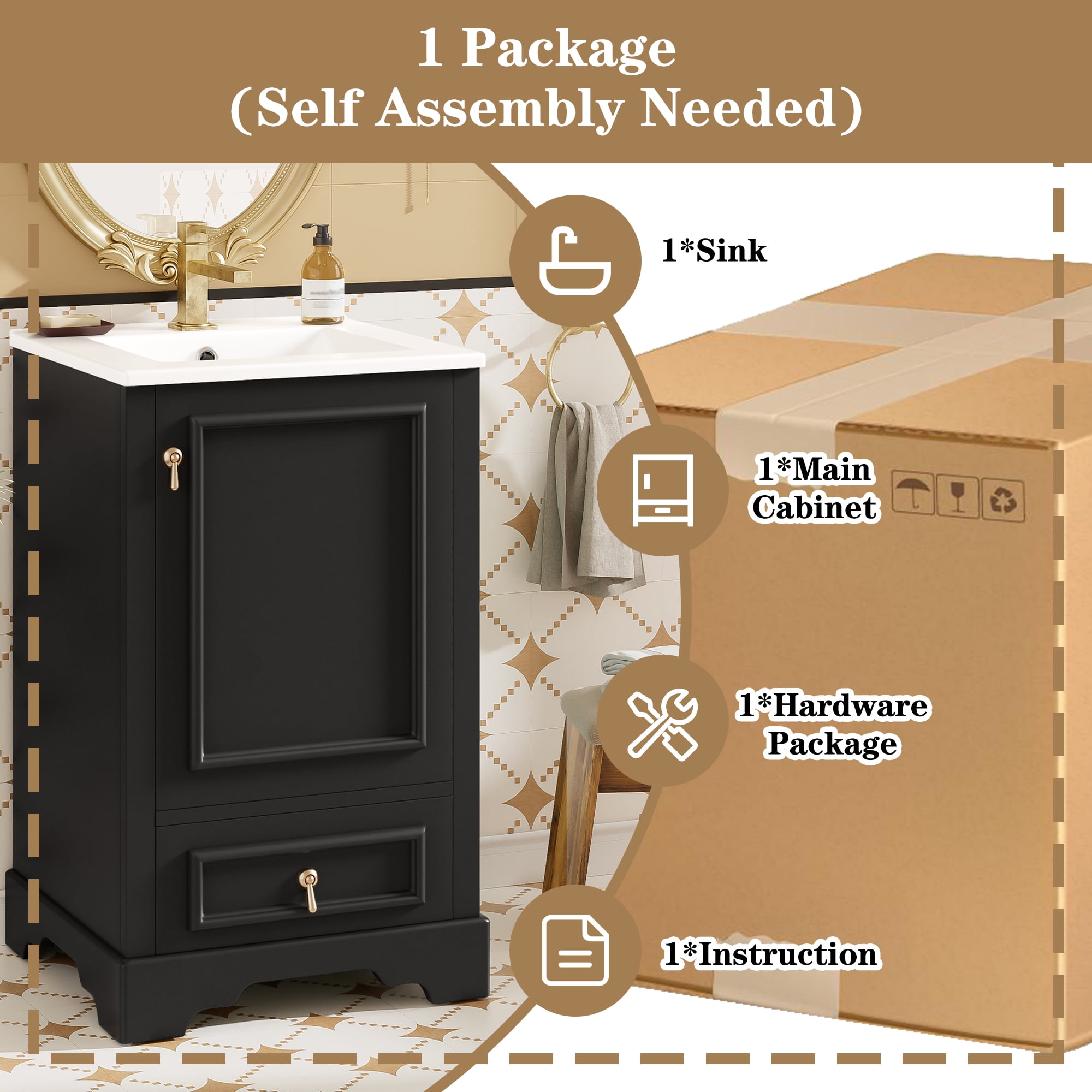 20 Inch Bathroom Vanity with Ceramic Sink, Soft Close Door, Adjustable Shelf & Storage Rack, Space-Saving Modern Vanity for Small Bathrooms,Black