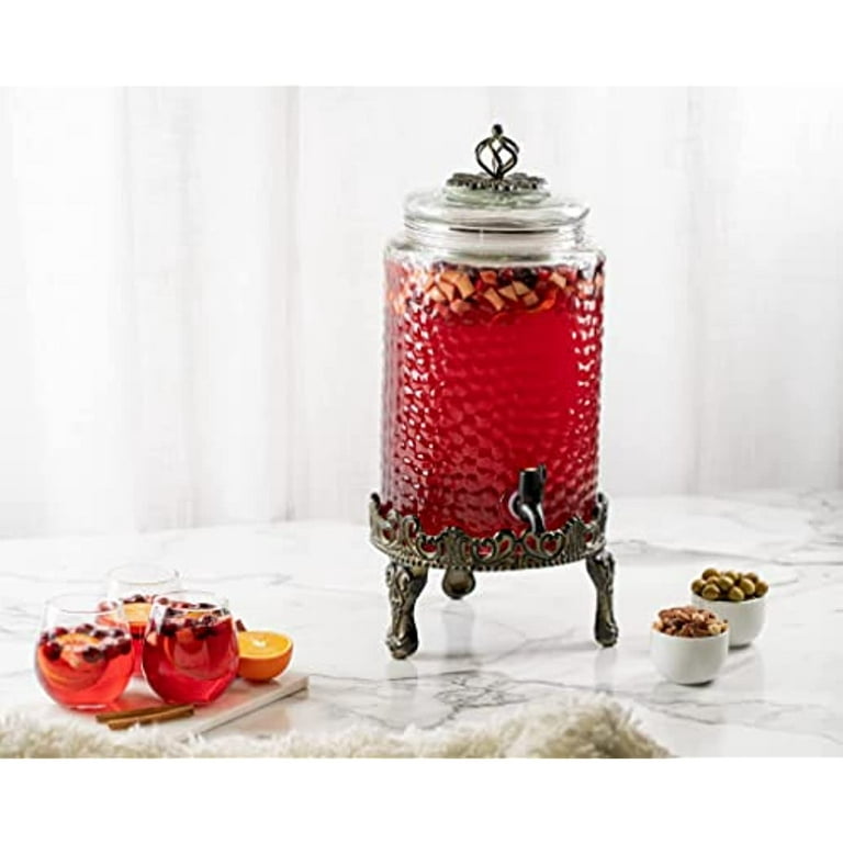 Elegant Home Hammered Glass Ice Cold Beverage Drink Dispenser - 2.7 Gallon,  With Glass Lid and Antique Metal Stand, 100% Leak Proof Spigot- Wide Mouth  Easy Filling For Outdoor, Parties & Daily