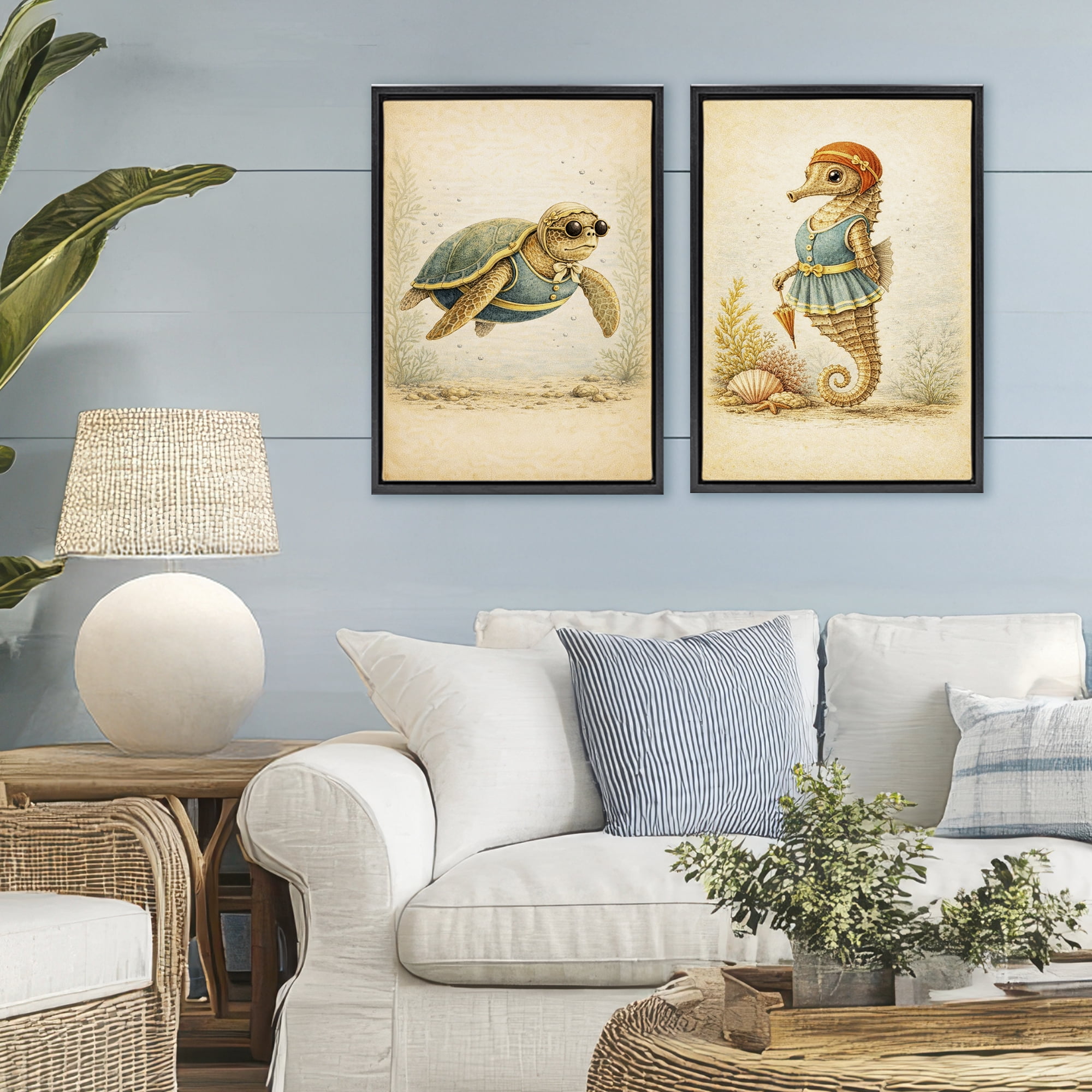 Stupell Industries Vintage Maritime Bathing Animals 2 Piece Black Framed Floater Canvas Set, design by Grotto Studios