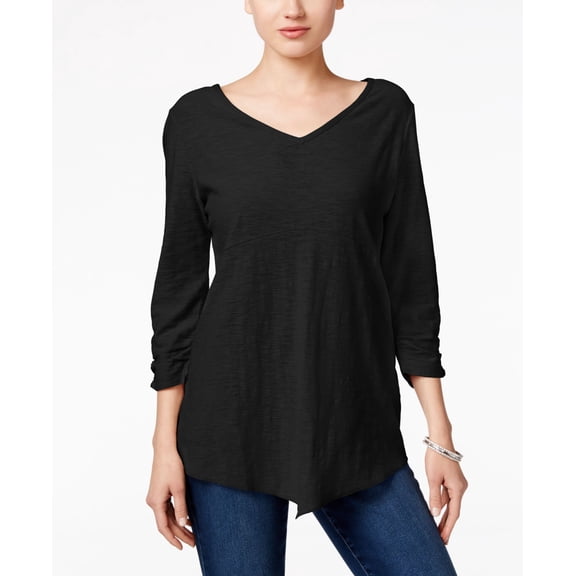 Style & Co V Neck Handkerchief Hem Top Black PL
