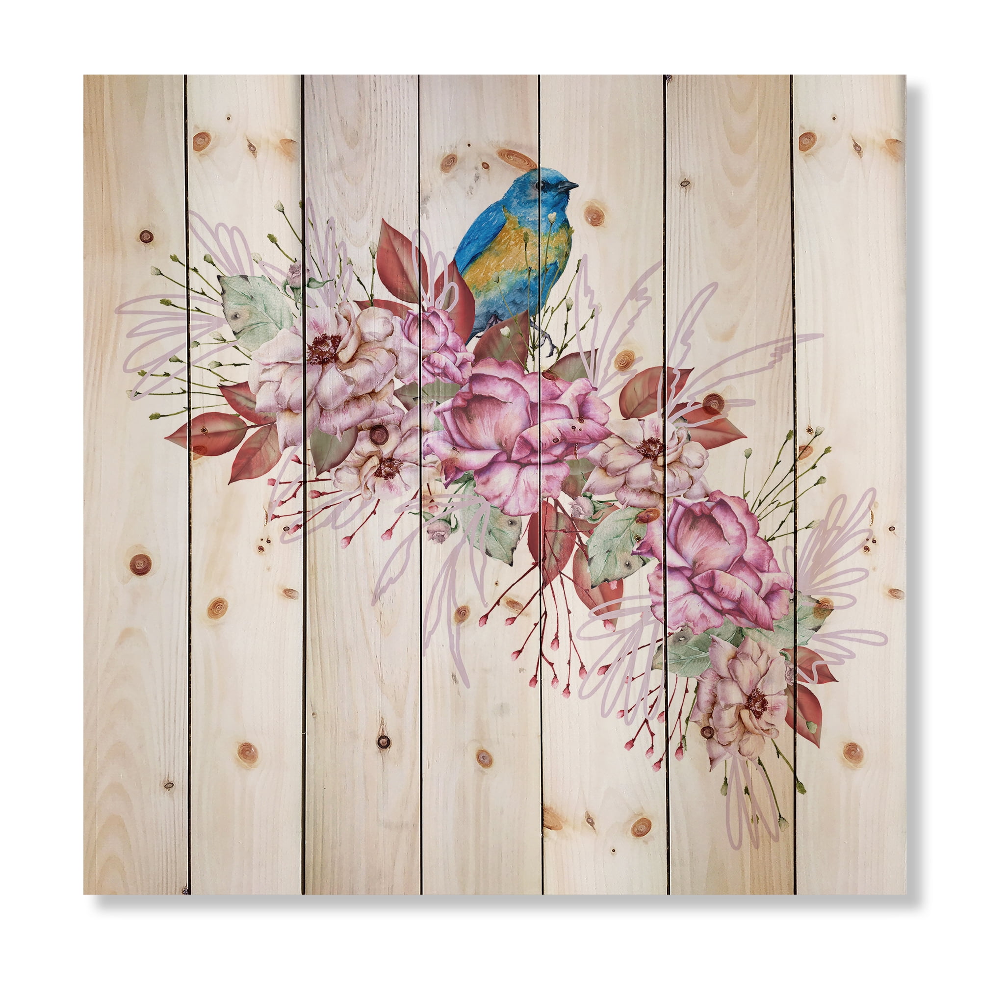 Designart 'Little Blue Bird Sitting On Colorful Boquet of Flowers' Traditional Print on Natural Pine Wood