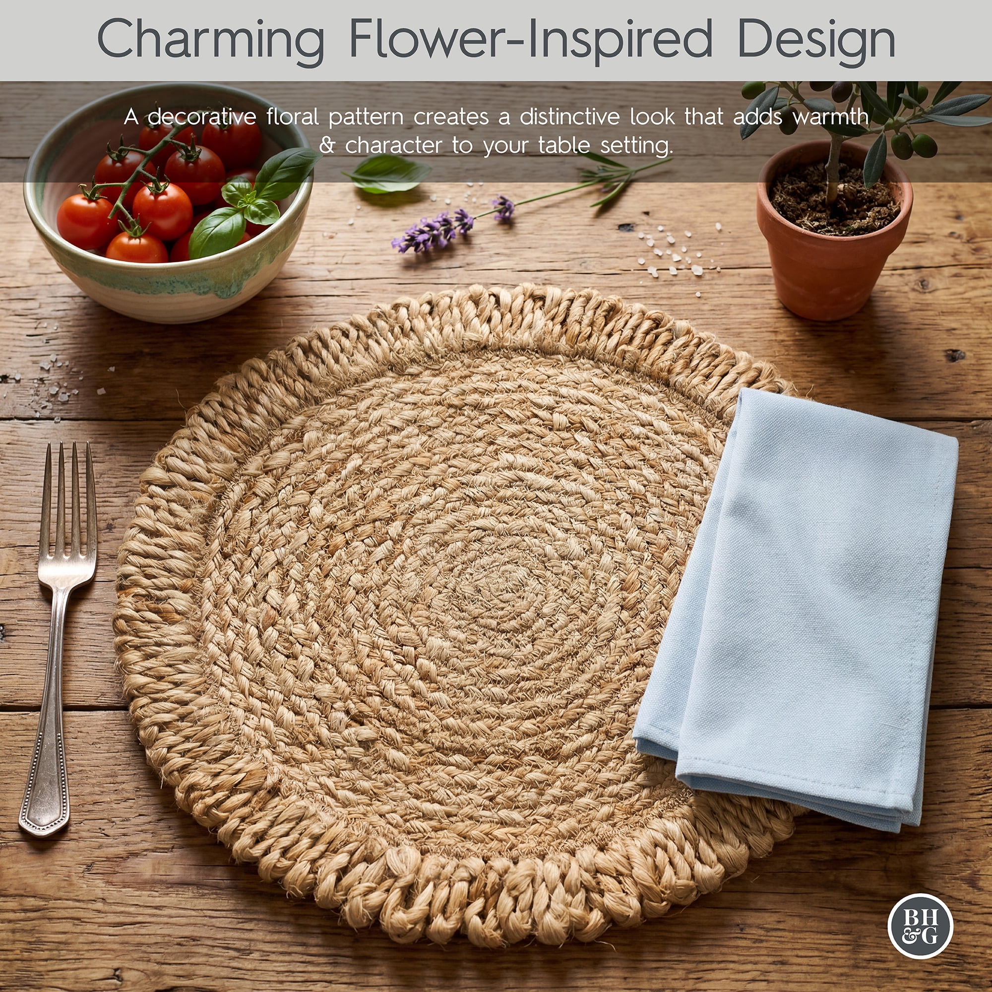 Better Homes and Gardens Jute Flower Design Placemat Woven for Dining Table Décor 15" Round