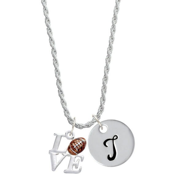 Delight Jewelry Silvertone Love with Football Silvertone Script Initial Disc - T - Charm Necklace, 20"+3"