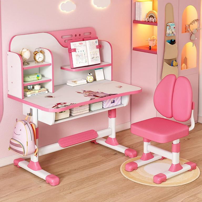 YNCE Kids Desk and Chair Set, Height Adjustable Desks for Kids, Kid Desk with Storage,Toddler Table Study Table with Bookshelf and Drawer, for Boys and Girls (Pink #1)