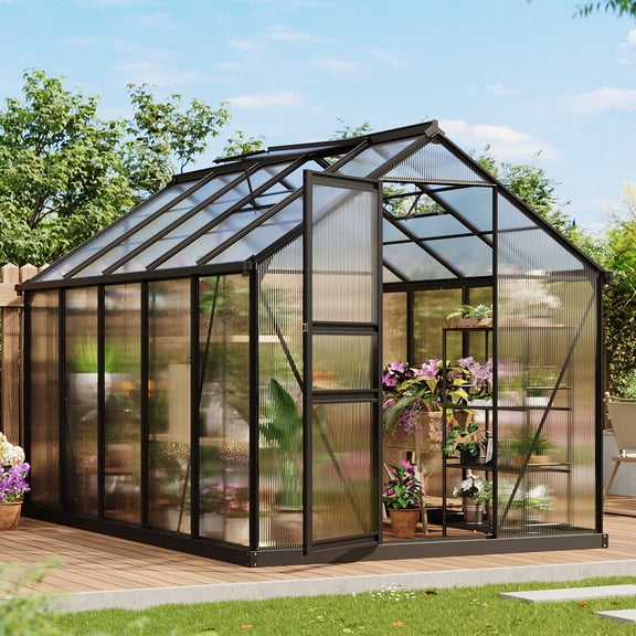 PYY 10x6 FT Polycarbonate Greenhouse Outdoor, Heavy Duty Aluminum Walk-in Plant House with Hinged Door & 2 Vents, Winter Plant Protector for Backyard Garden