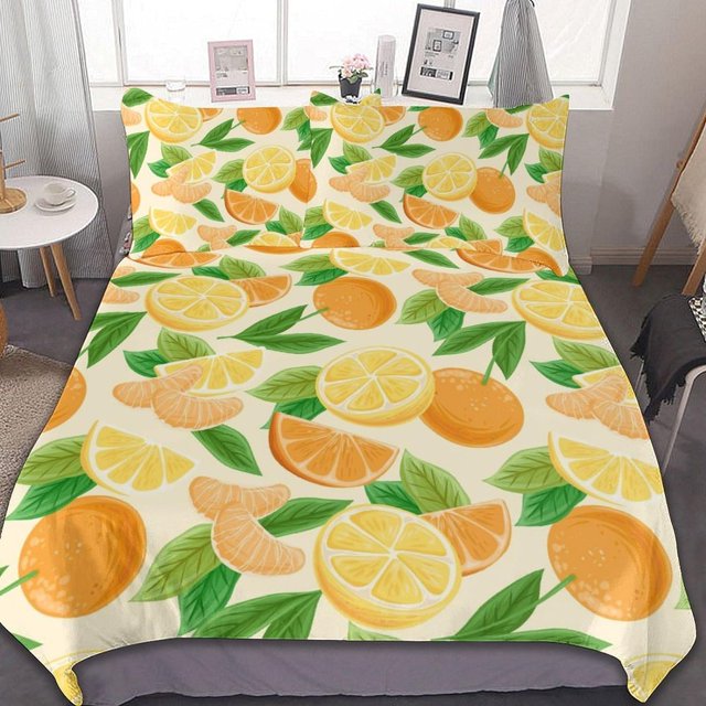 HAHDAXIA Orange Fruit Pattern Bedding Solid Comforter Set for All Seasons,3 Pieces(1 Comforter+2 Pillowcases),Soft Microfiber Bedding Set King(90"x90")