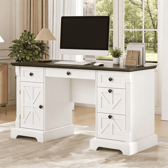 Lafnest 55" Farmhouse Executive Desk with Charging Station,5 Drawers & Hidden File Cabinet for Home Office,White