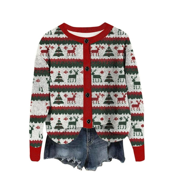 Rutainlusire Womens Fashion Warm Christmas Cardigan Sweater Christmas Comfy Jackets 2025 Women's Printing Cardigan Button Long Sleeved Round Neck Hoodless Casual Fashionable Outwear