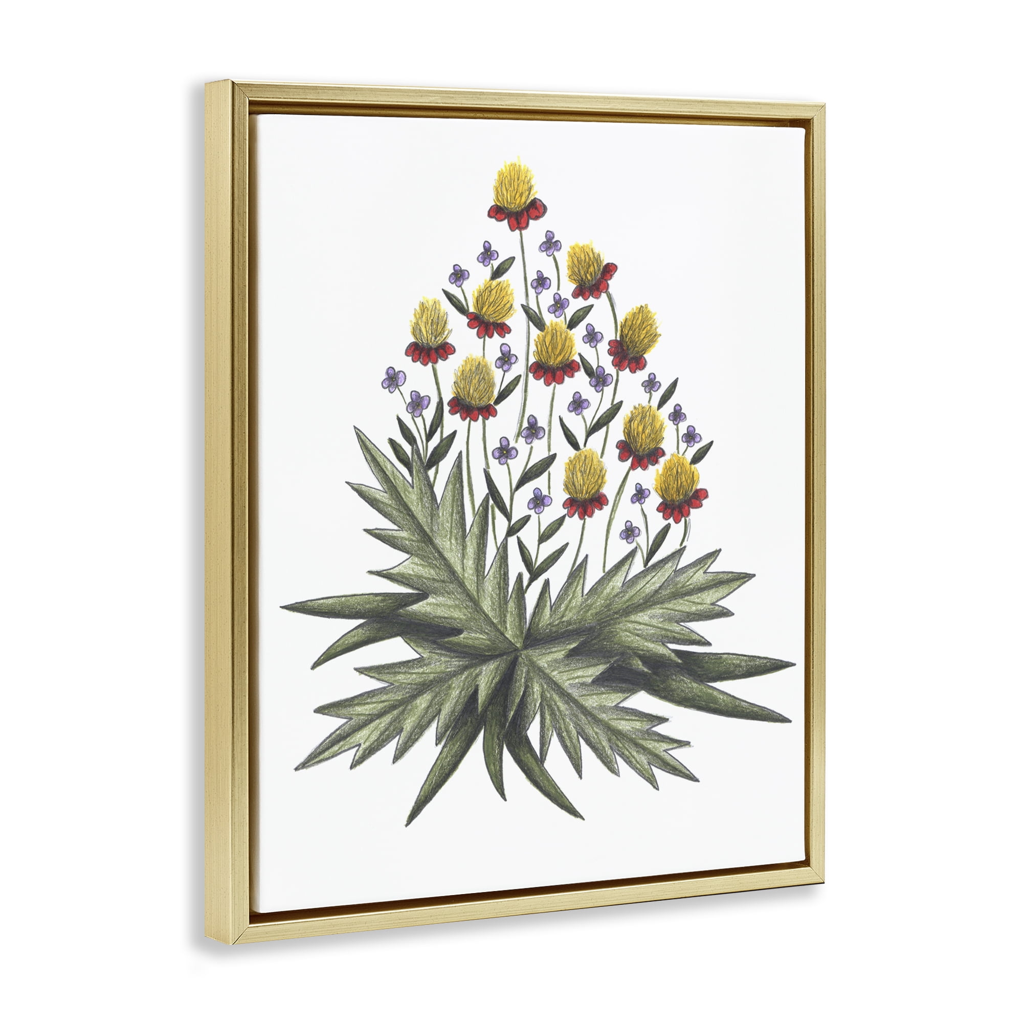 Yellow Leafy Wild Flowers Gold Framed Floater Canvas Wall Art, design by Cecilia Battaini