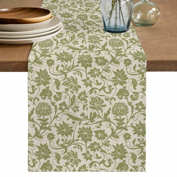 Table Runner 36 Inches Long for Kitchen Dining, Green Floral Dresser Scarf Farmhouse, Dining Table Decorations for Wedding/Parties, Vintage Rustic Botanical Spring 13 x 36 In