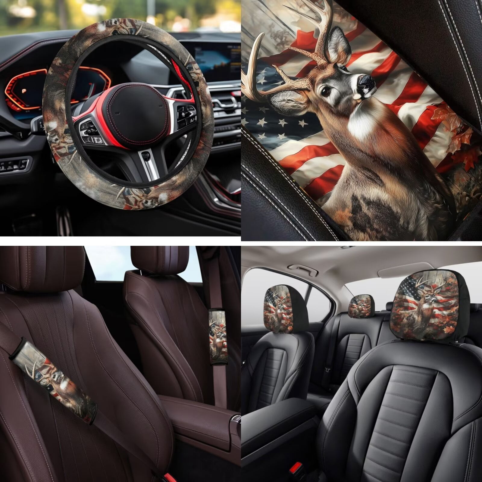Binienty Hunting Deer Camo Automotive Seat Covers with Car Steering Wheel Cover American Flag Elastic Armrest Cushion Pad Seat Belt Cushion Pad Keychain Automotive Interior Accessories Set