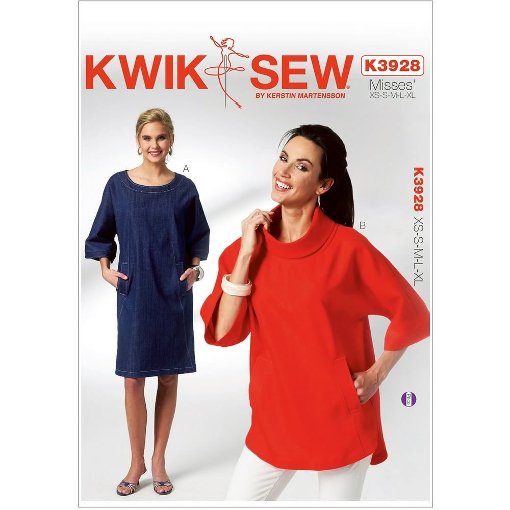 Kwik Sew Pattern Misses' Dolman Sleeve Dress and Top, (XS, S, M, L, XL
