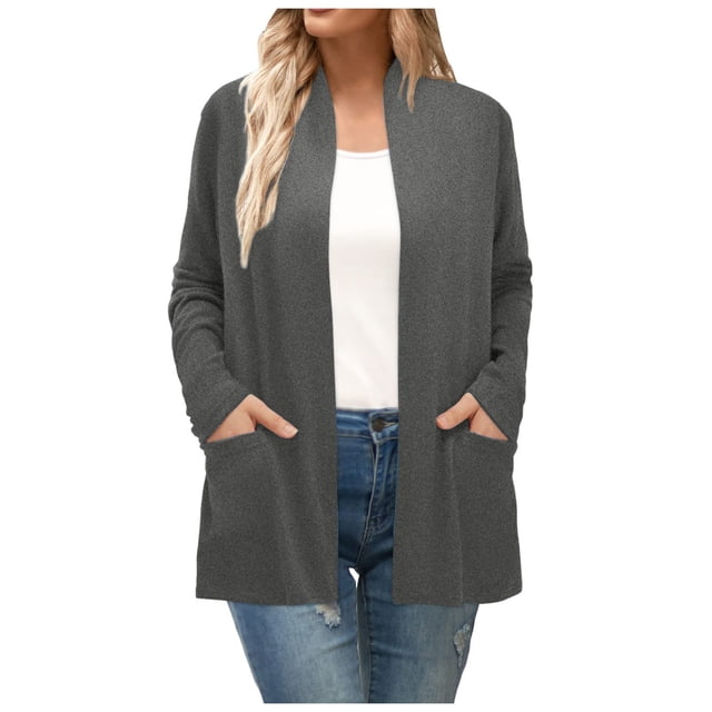 Long Sleeve Cardigan For Women Fall Open Front With Pockets Polyester Chiffon Casual Duster