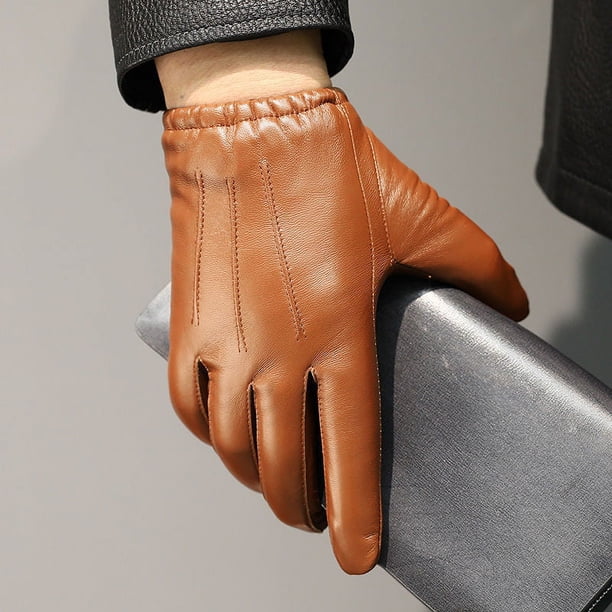 Guantes de cuero para hombre, otoño e invierno, terciopelo grueso, cálido, para conducir, motocicleta, pantalla táctil, guantes de piel de oveja superior