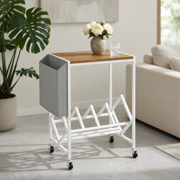 Topcobe Rolling Record Player Stand 2-Tier with Vinyl Storage & Magazine Holder, End Tables Living Room, Modern Furniture-Natural