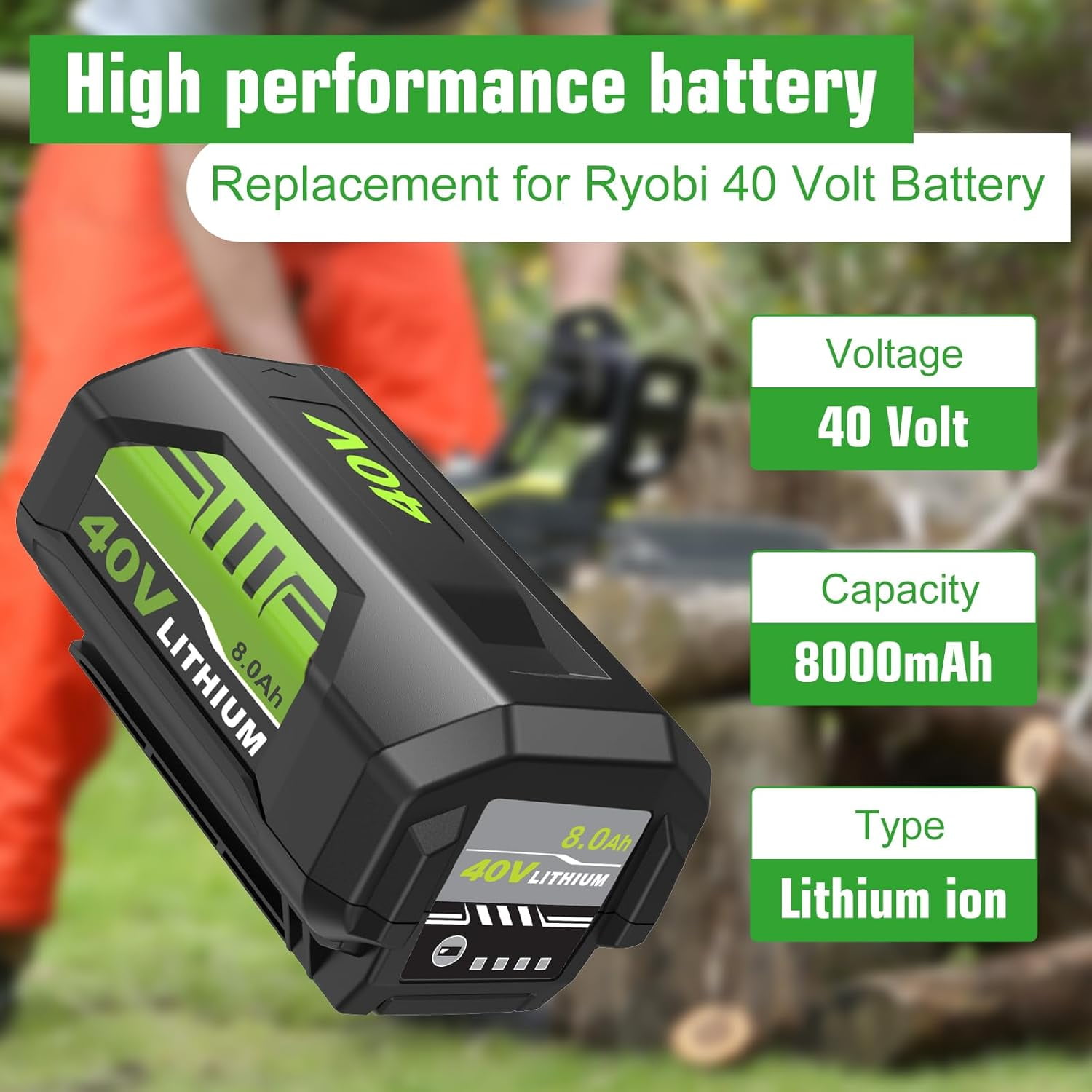 2Pack 8.0Ah Replacement for Ryobi 40V Battery Lithium Ion and OP401 Charger Compatible with Ryobi 40 Volt Battery OP4026 OP4050A OP4040 OP4030 OP4050 Replacement for 40v OP401 Charger (Green-3P)
