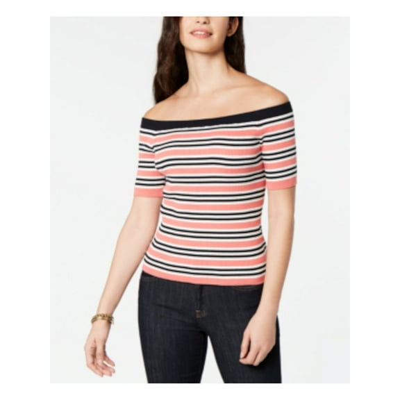 TOMMY HILFIGER Womens Pink Striped Short Sleeve Off Shoulder Top Size: L