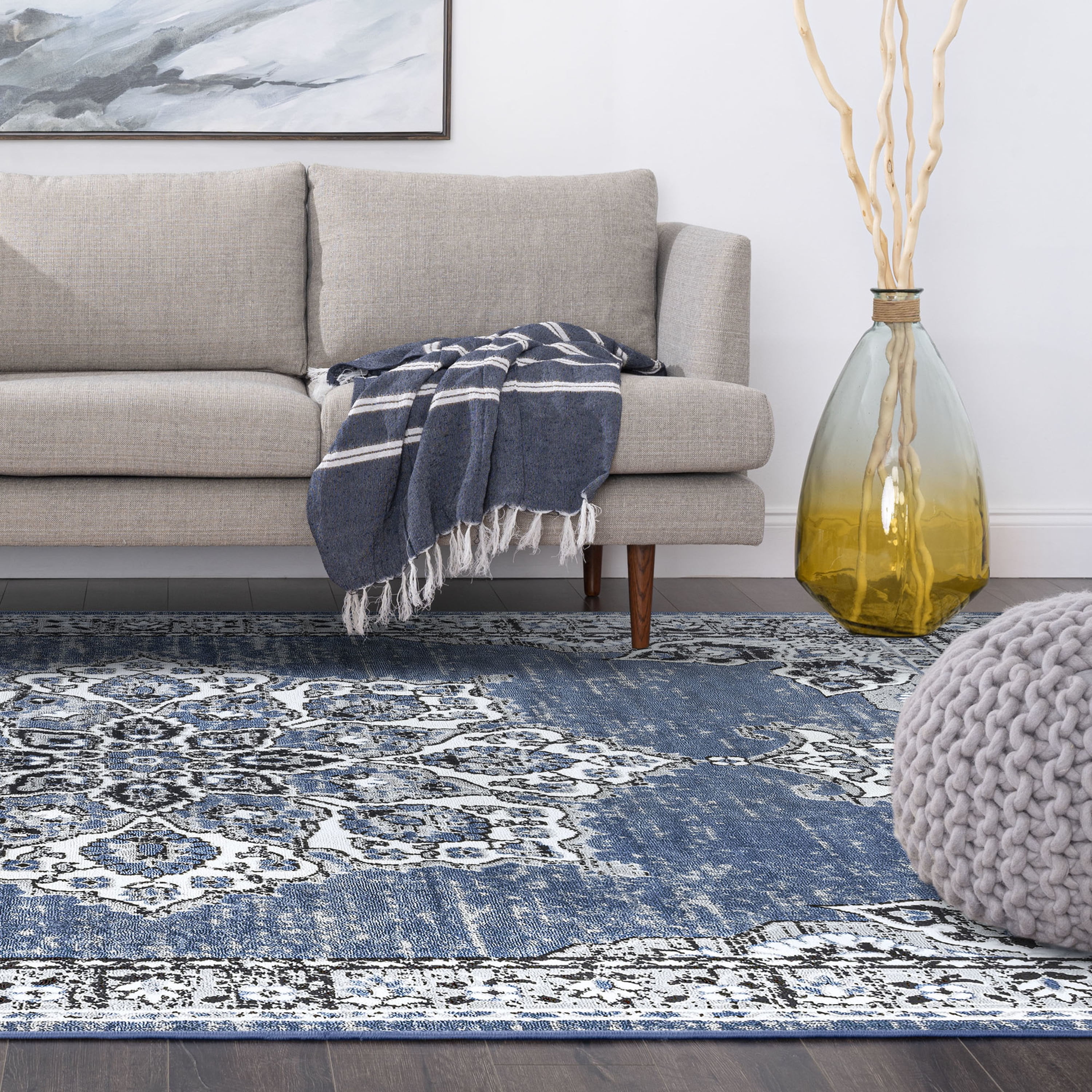 Traditional 8x10 Area Rug (7'11'' x 10'3'') Oriental Blue, White Living Room Easy to Clean