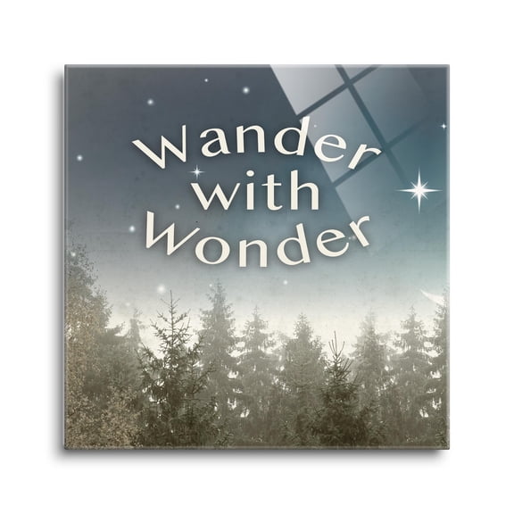 Wander With Wonder Blue Sky Stars Trees 24 x 24 Glass Wall Hanging Sign