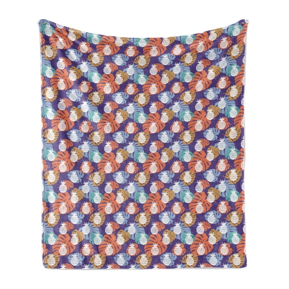 Tropical Soft Flannel Fleece Throw Blanket, Pineapples with Big Colorful Leafy Hawaii Motifs on the Background, Cozy Plush for Indoor and Outdoor Use, 50" x 60", Dark Indigo Multicolor, by Ambesonne
