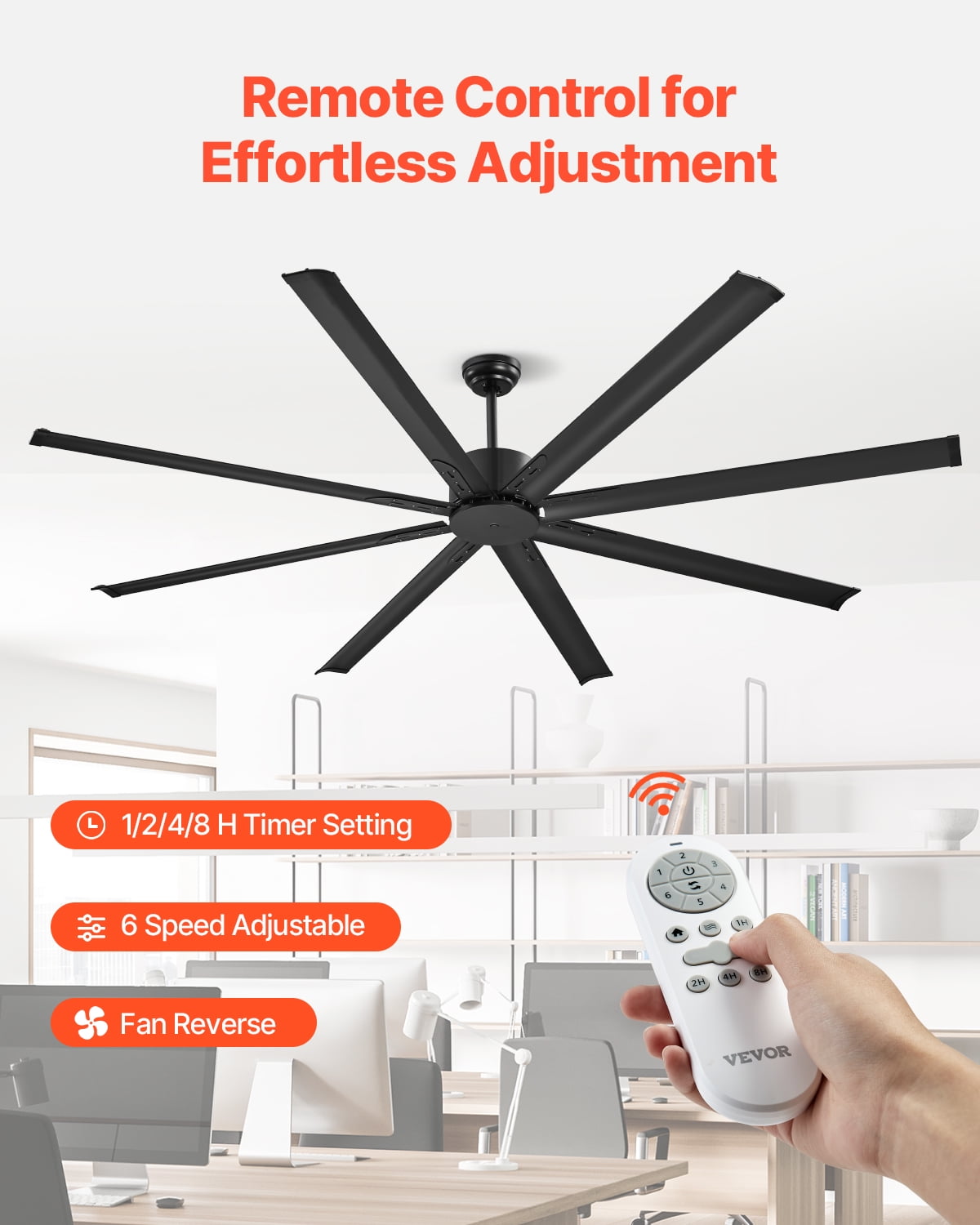VEVOR 84 In Ceiling Fan without Light,6-Speed Remote Control, Aluminum 8-Blade, Reversible DC Motor, Modern Low Profile Flush Mount Exterior Fan for Bedroom, Living Room,Patio, Indoor/Outdoor, Black
