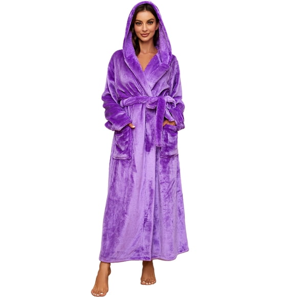 HEARTNICE Womens Fleece Hooded Robe, Soft Full Length Thick Plush Bathrobe House Coat,(Violet,L-XL)