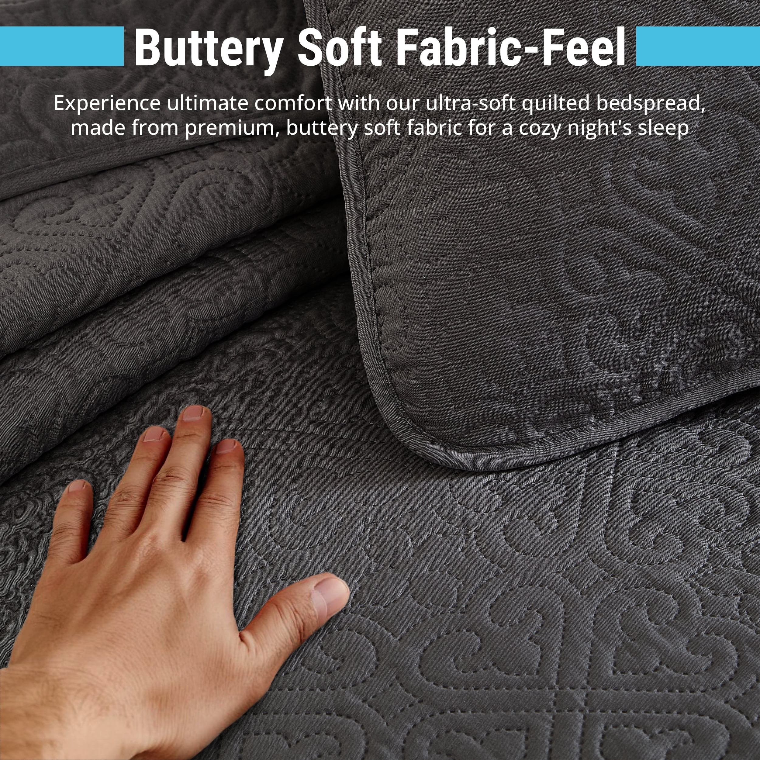 THD Loren - 3 Piece Full Queen Size Quilt Set, Lightweight Queen Bedspread Coverlet Set (Full/Queen, Charcoal Grey)