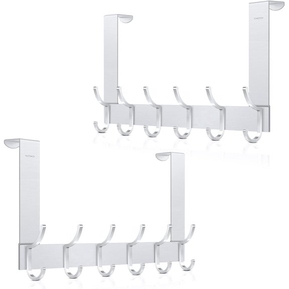 ACMETOP 2 Pack Over The Door Hook, Over The Door Towel Rack with 6 Coat Hook Heavy-Duty Door Hanger Hook Bathroom, Sturdy Over The Door Hanger Hook for Bag, Robe, Hat, Aluminum, Brushed Finish-Silver