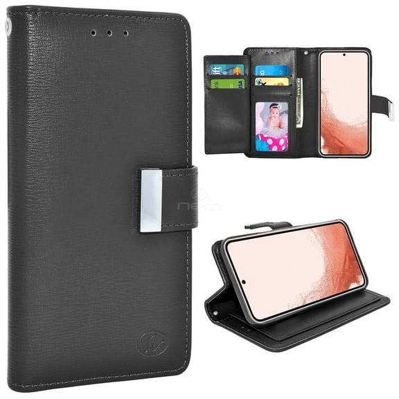 For Samsung Galaxy S22 5G Double Flap Folio Leather Wallet Pouch Shockproof Protective Case Cover Black