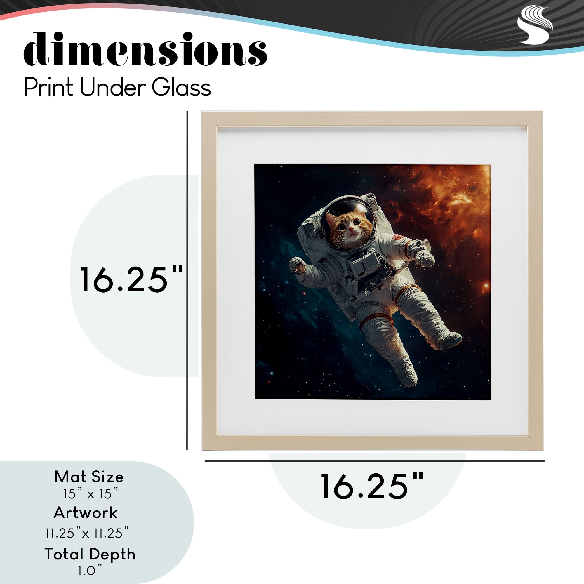 Interstellar Cat Astronaut Birch Framed Print Under Glass, design by Jim Baldwin