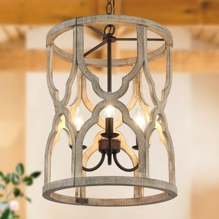 

Woodly Modern Farmhouse 3-Light Handcrafted Wood Lantern Chandelier for Dining Room Cylinder D14 x H19.5