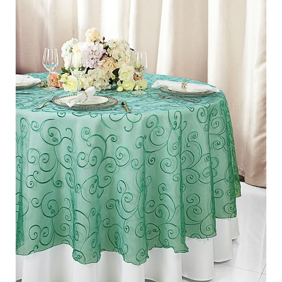 Wedding Linens Inc. 90" Round Embroidered Organza Table Overlay Toppers Tablecloth- Jade