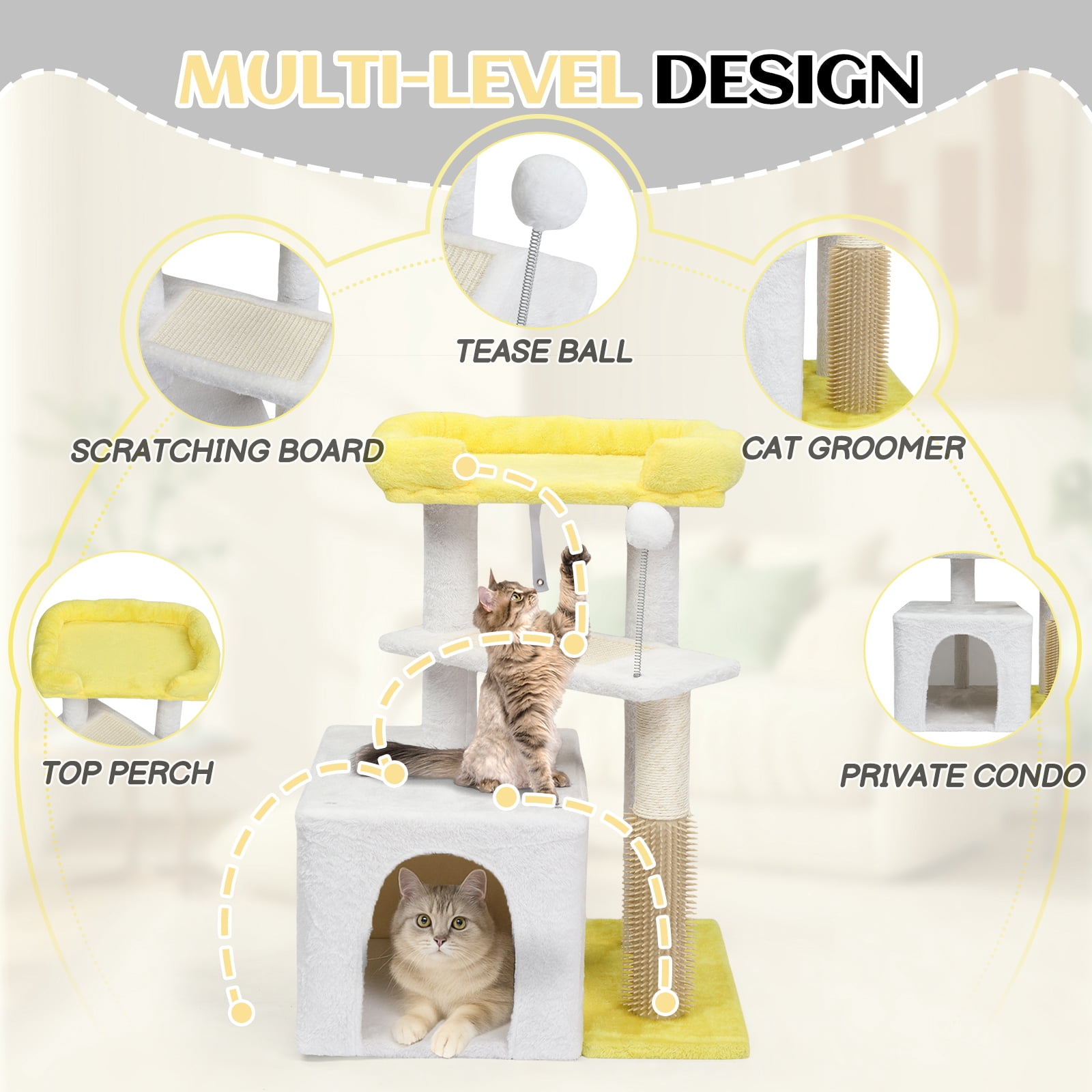 Ktaxon 27.5in Cat Tree, Multi-Level Tower with Scratching Post & Pad, Padded Bed for Kittens & Indoor Cats, White & Yellow