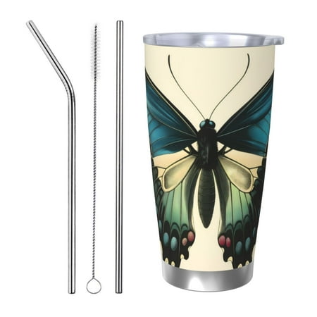 

Zeuib Blue Black Butterfly Art Printed 20oz Stainless Steel Insulated Car Cup Stainless Steel Thermal Cup Vacuum Insulated Leak-proof Travel Mug Cup-Straw Three-piece Set